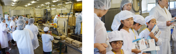 なめ茸生産ライン・聞き入るこども達